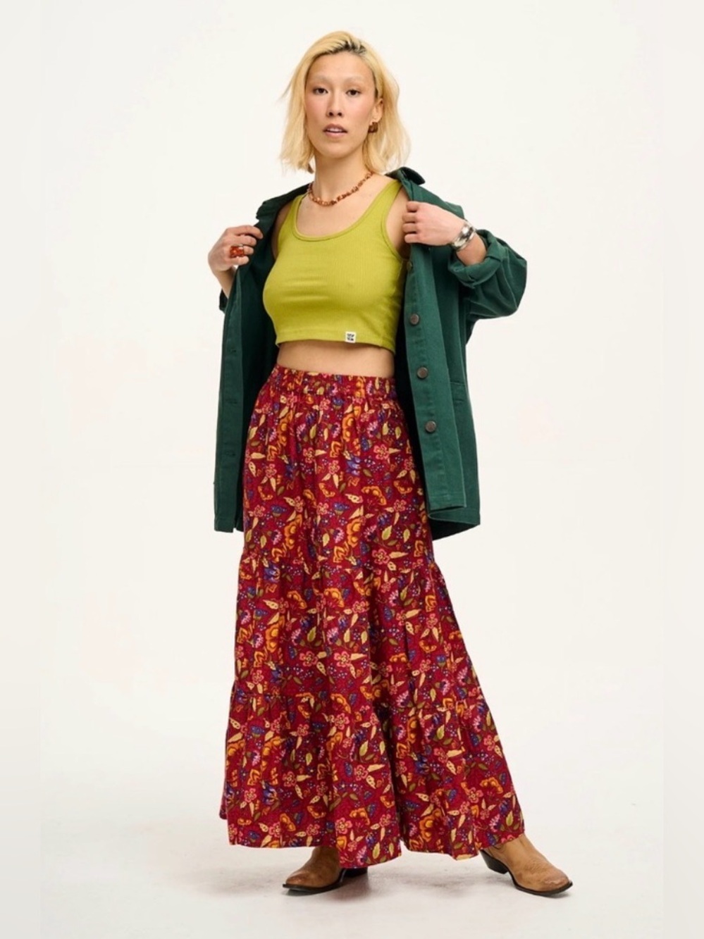 Lucy & Yak Brie Burgundy Blooms Floral Tiered Maxi Skirt Women’s Small Bohemian